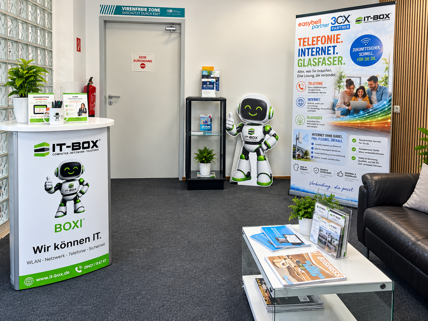 IT-Box-Empfang mit Aufsteller zu 3CX-Telefonie und easybell