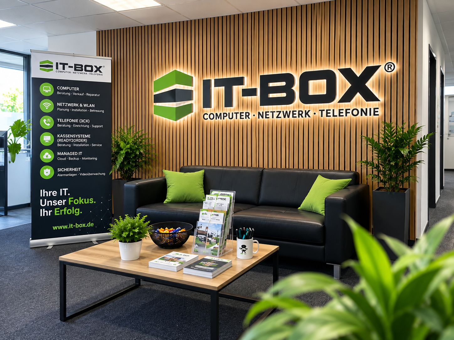 Beleuchteter IT-Box-Schriftzug an einer Holzwand über dem Sitzbereich