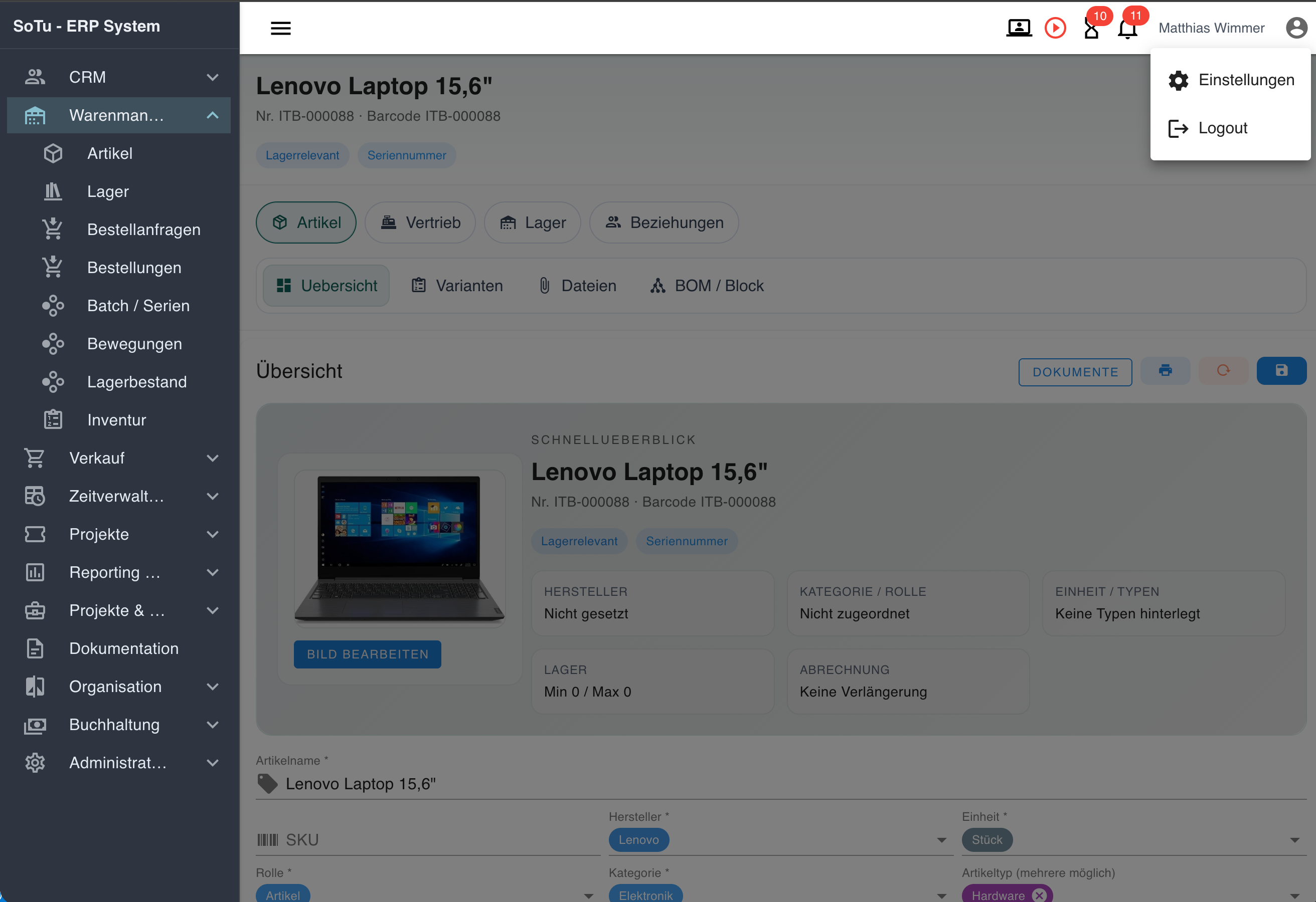 Aktuelle ERP-Oberflaeche mit Lager, Artikeln und digitalem Schnellueberblick